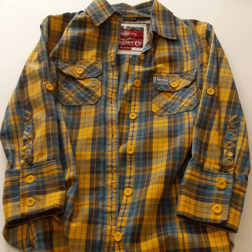 SUPERDRY Co Yellow / Blue Plaid Button Front Shirt 100% Cotton
